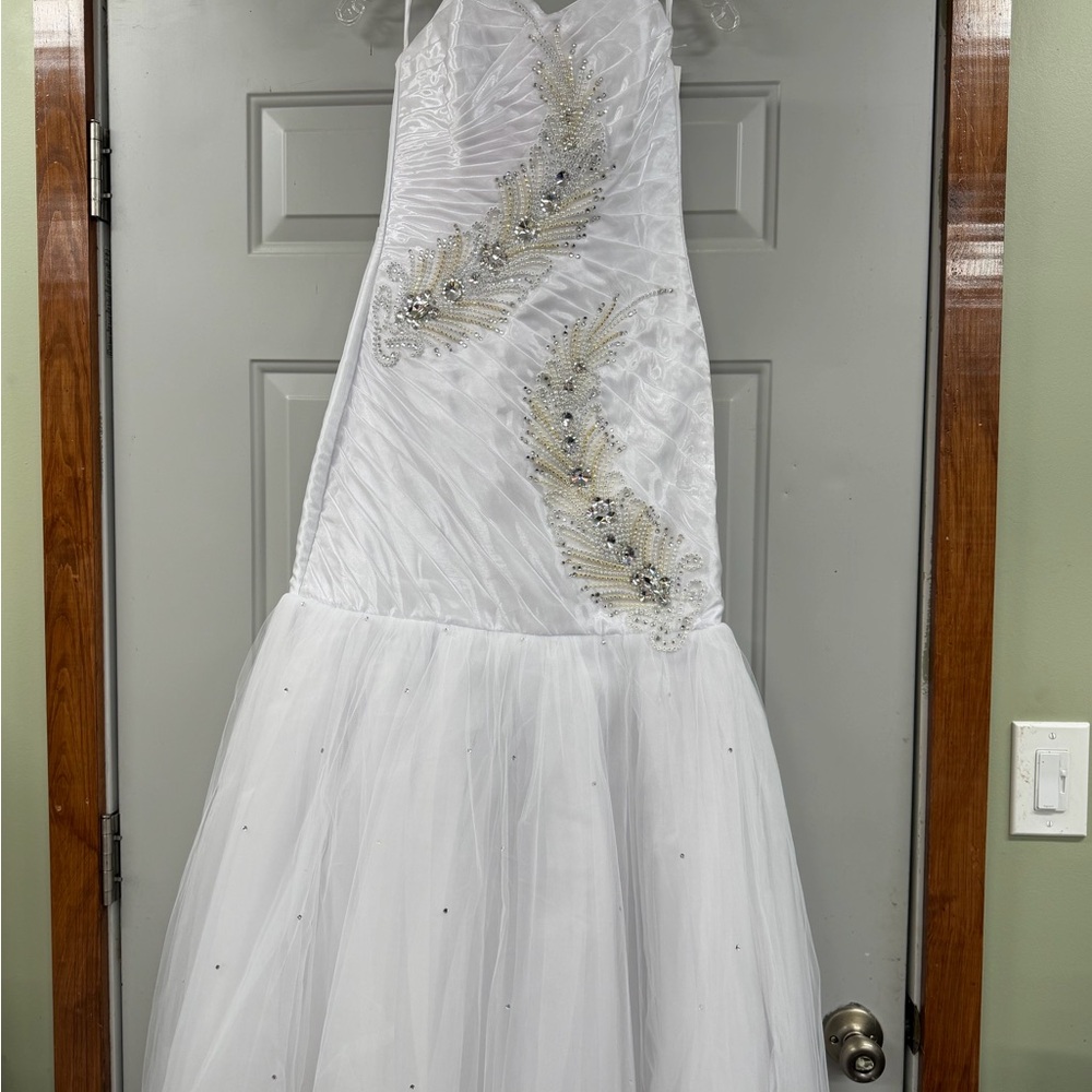 White Beaded Tulle Mermaid Gown
